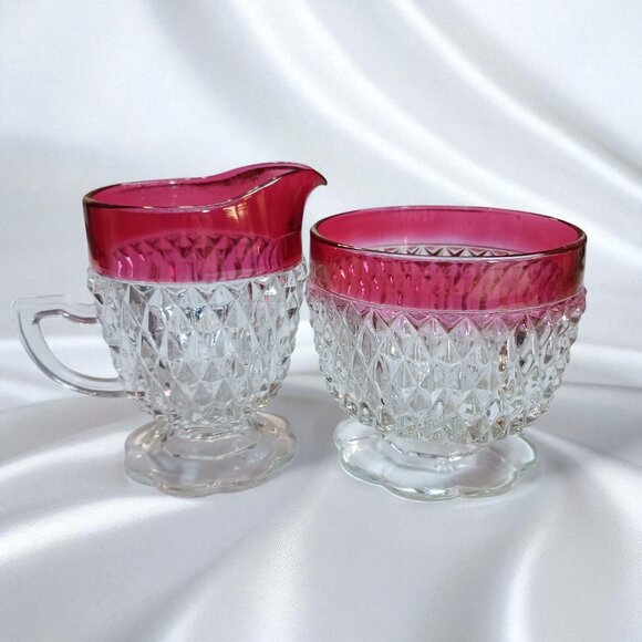 Vintage Indiana Glass Ruby Diamond Point Creamer & Sugar Set – Mid Century - Picture 11 of 11